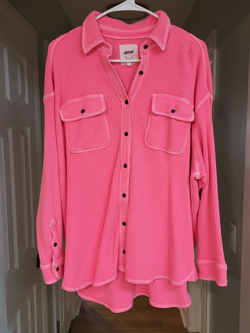 aerie Pink Waffle-Knit Button-Up Shirt Lumberjane S Oversized